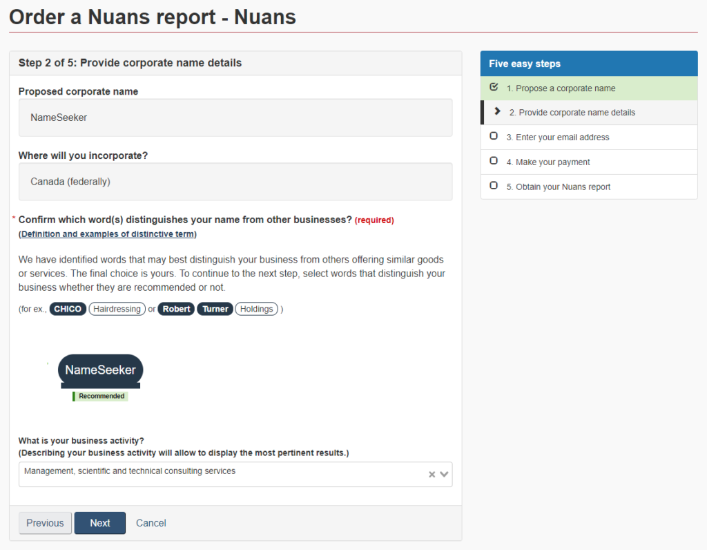 NUANS report step 2 of 5