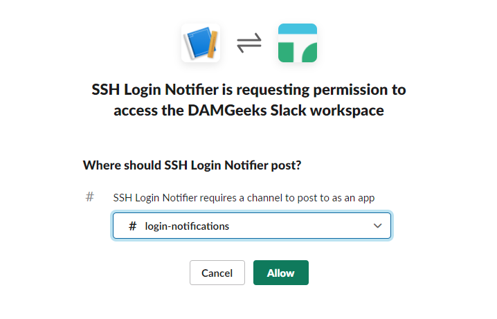 Slack API - Select Channel for SSH Login Notifications Using a Slack App