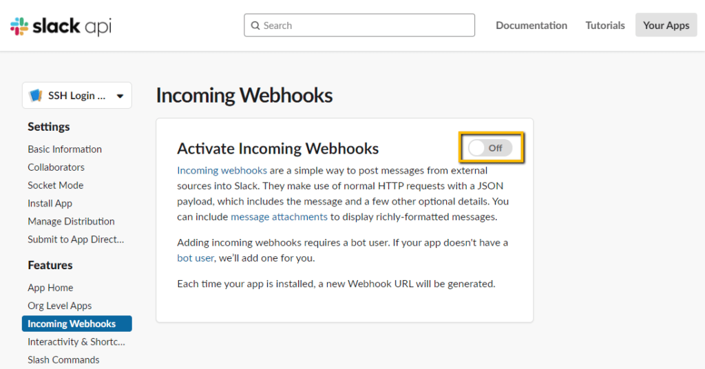 Slack API - Activate Incoming Webhooks