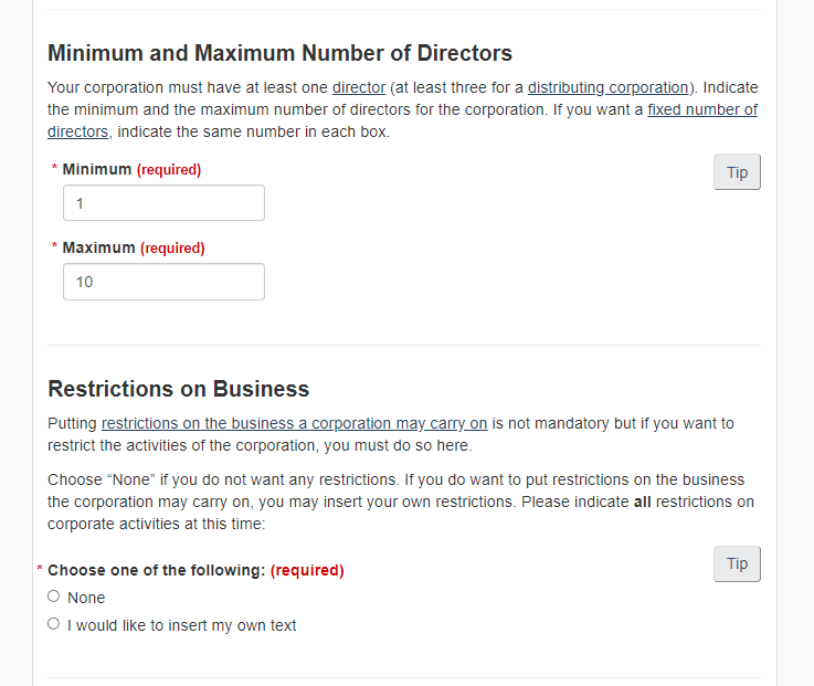 Set the minimum and maximum number of Directors