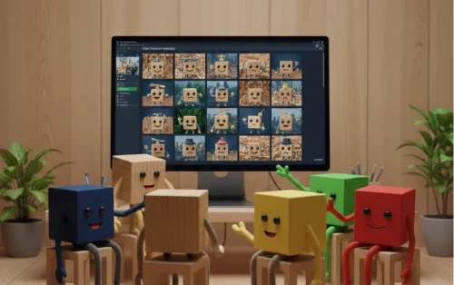 A collaborative team of block figures using a DAM platform, demonstrating the productivity boost of Digital Asset Management vs File Share environments.